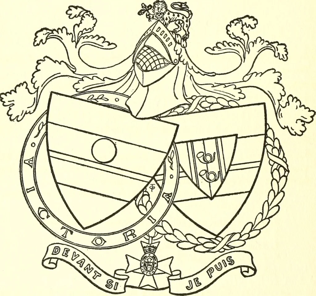 An illustration from Armory and lineages of Canada; comprising pedigrees with historical notes, brief biographies and family registers of prominent men of Canada, including blazons and illustrations of many armorials, and of insignia of knighthood, 1913, leaf 49