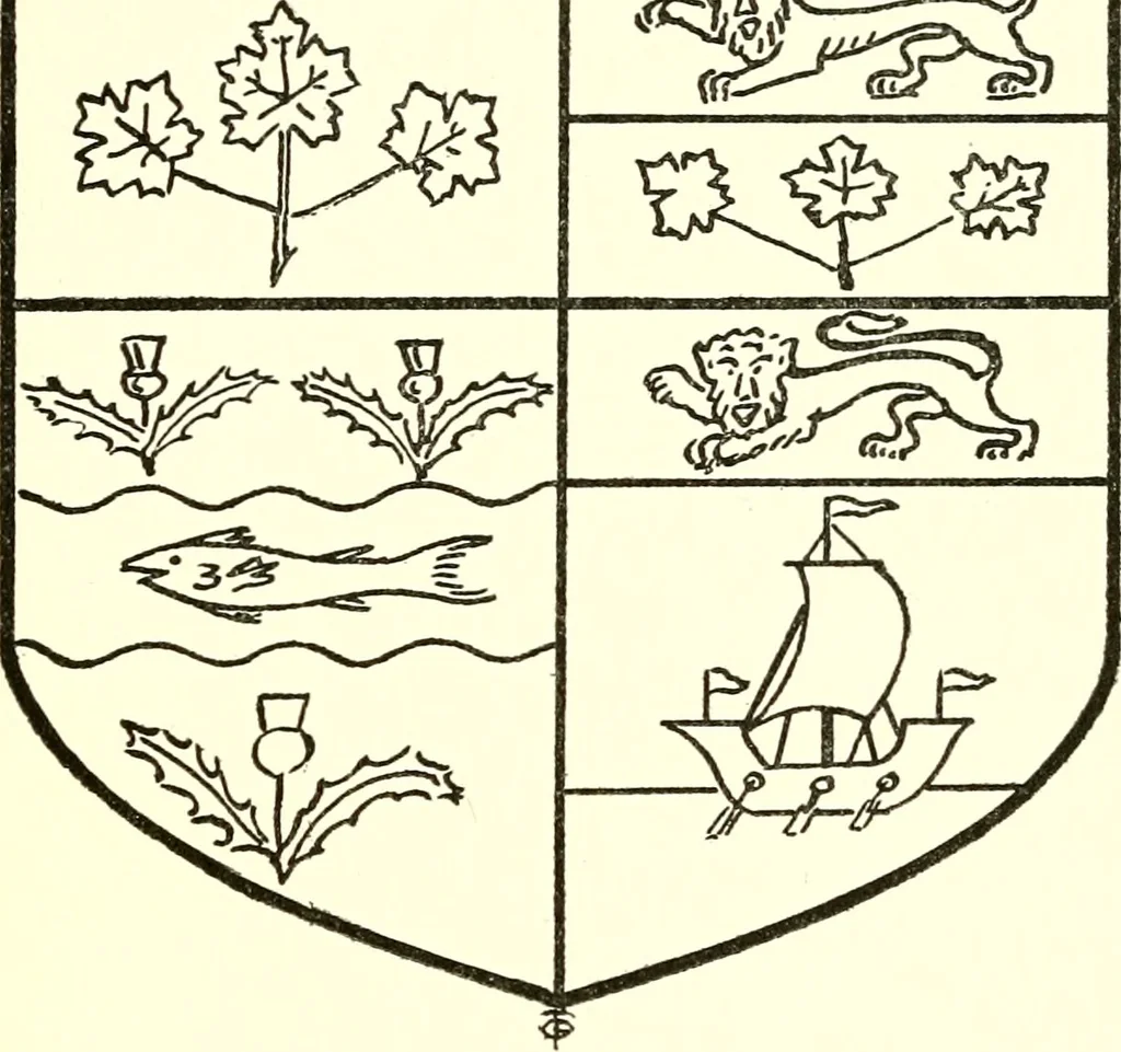 An illustration from Armory and lineages of Canada; comprising pedigrees with historical notes, brief biographies and family registers of prominent men of Canada, including blazons and illustrations of many armorials, and of insignia of knighthood, 1913, leaf 54