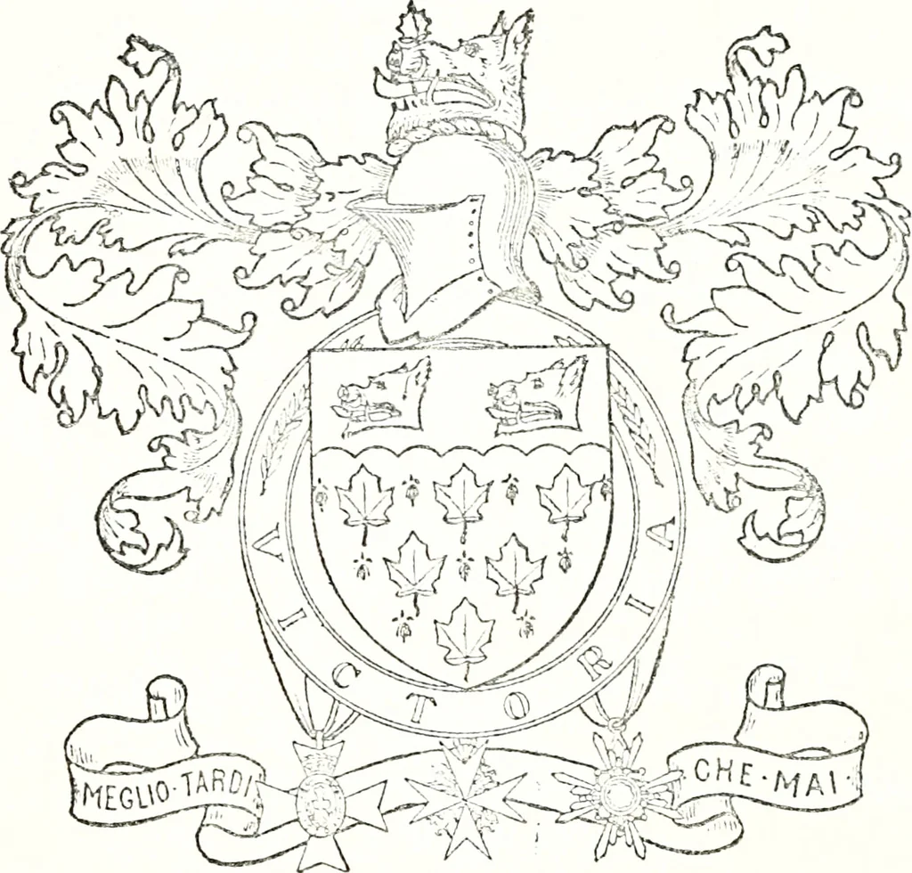 An illustration from Armory and lineages of Canada; comprising pedigrees with historical notes, brief biographies and family registers of prominent men of Canada, including blazons and illustrations of many armorials, and of insignia of knighthood, 1913, leaf 148