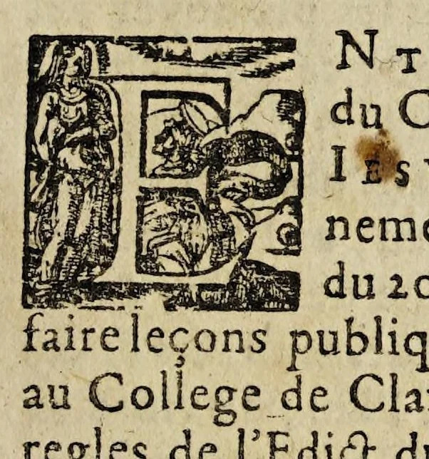 An illustration from Arrest de la Cour de Parlement donné les Grand chambre, Tournelle & de l'Edict assemblees le 22. decembre 1611, en la cause d'entre les prestres & escholiers du College de Clermont, soy disans iesuites: et les recteur, doyens & supposts de l'Vniuersité de Paris. Auquel est inseré le Sommaire du plaidoyé de Messire Louys Servin ..., 1618, leaf 3