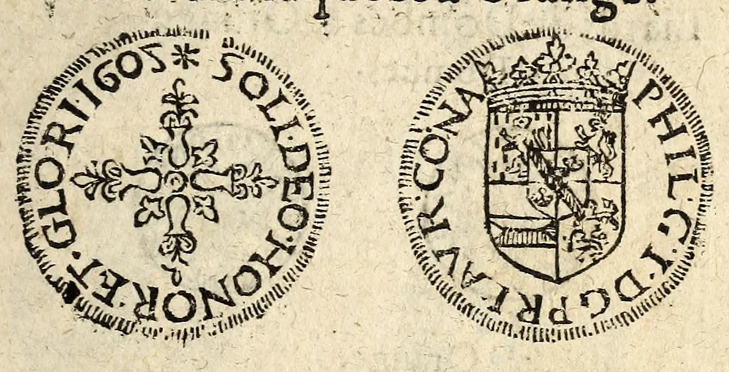An illustration from Arrest de la Covr des monnoyes portãt deffẽces d'exposer prẽdre & receuoir en payement les pieces estrangeres d'escriees par le dernier Edict, & autres nouuellement introduictes & fabrique dõt les empraintes sont cyaptes declares., 1617, leaf 19