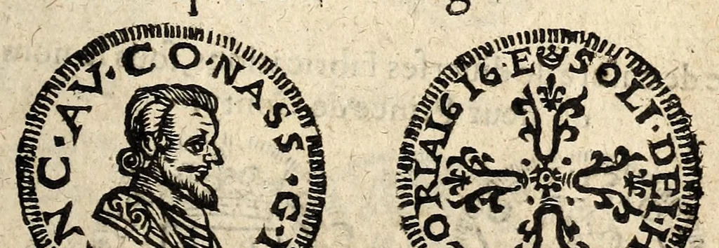 An illustration from Arrest de la Covr des monnoyes portãt deffẽces d'exposer prẽdre & receuoir en payement les pieces estrangeres d'escriees par le dernier Edict, & autres nouuellement introduictes & fabrique dõt les empraintes sont cyaptes declares., 1617, leaf 19