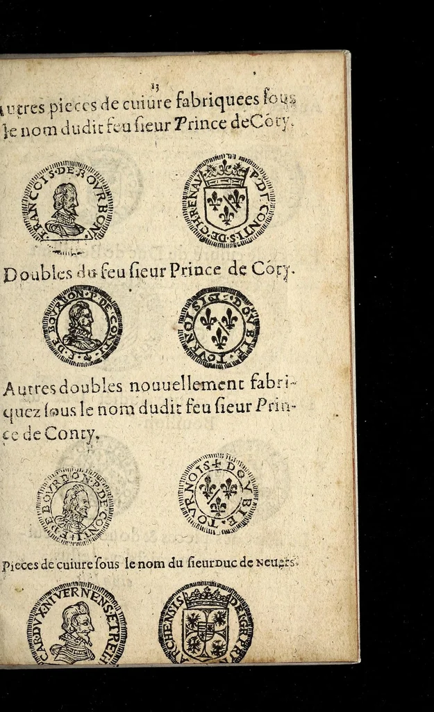 An illustration from Arrest de la Covr des monnoyes portãt deffẽces d'exposer prẽdre & receuoir en payement les pieces estrangeres d'escriees par le dernier Edict, & autres nouuellement introduictes & fabrique dõt les empraintes sont cyaptes declares., 1617, leaf 21