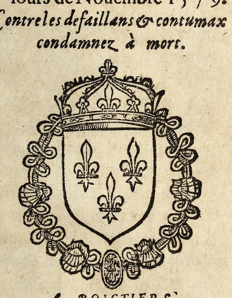 An illustration from Arrestz de la Covrt des Grandz Iovrs seant en la ville de Poictiers, donnez les sept & quatorziesme iours de Nouembre 1579. Contre les defaillans & contumax condamnez à mort., 1579, leaf 1