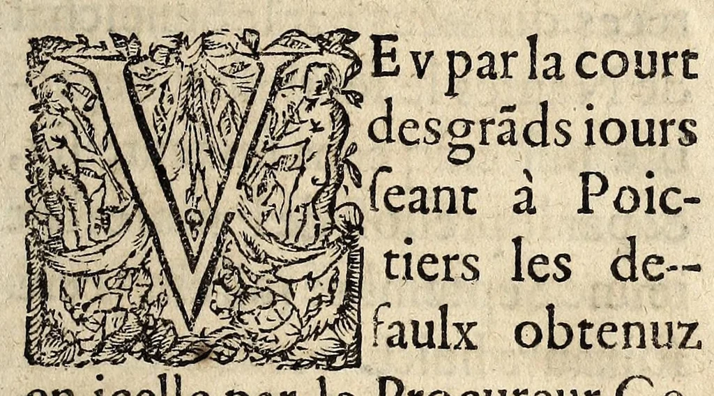 An illustration from Arrestz de la Covrt des Grandz Iovrs seant en la ville de Poictiers, donnez les sept & quatorziesme iours de Nouembre 1579. Contre les defaillans & contumax condamnez à mort., 1579, leaf 35