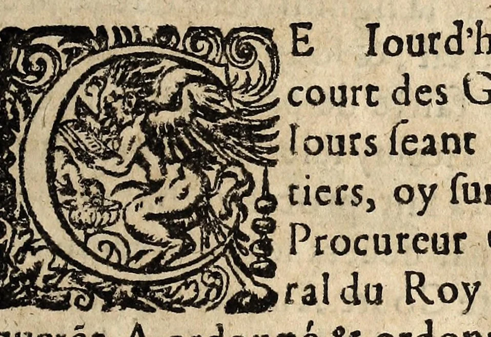 An illustration from Arrestz de la Covrt des Grandz Iovrs seant en la ville de Poictiers, donnez les sept & quatorziesme iours de Nouembre 1579. Contre les defaillans & contumax condamnez à mort., 1579, leaf 53