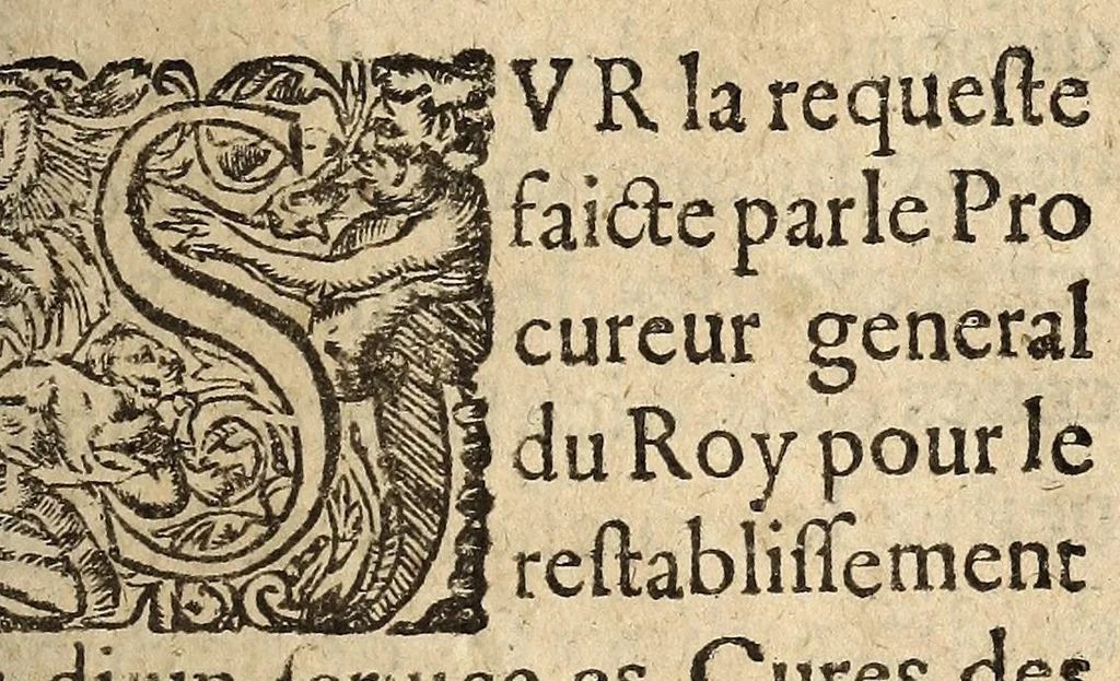 An illustration from Arrestz de la Covrt des Grandz Iovrs seant en la ville de Poictiers dõnez le septieme iour de Nouẽbre, 1579. Sur le faict des benefices, cures, hospitaulx, aulmosneries, maladeries estant du ressort desdict Grandz Iours., 1579, leaf 3