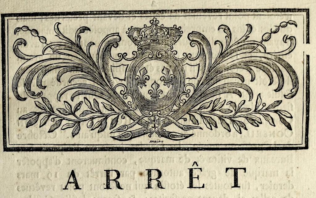 An illustration from Arrêt du Conseil d'État du roi, qui proroge jusqu'au 1er. octobre prochain le délai accordé par l'arrêt du 19 mars 1781, pour l'application d'une marque de grâce aux étoffes qui, lors de la publication dudit arrêt, n'étoient point revêtues des marques prescrites : du 12 juillet 1781 : extrait des registres du Conseil d'État, 1781, leaf 1