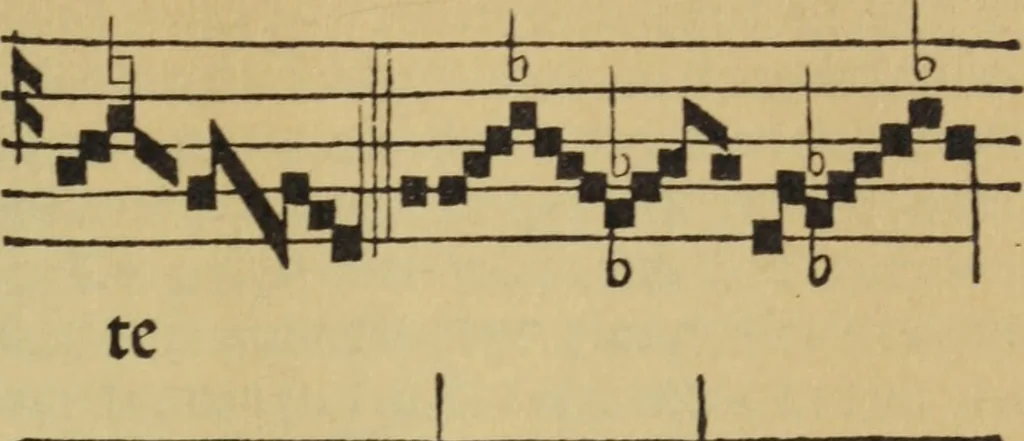 An illustration from Arte de cãto llano y cõtrapunto y canto de organo cõ proportiones y modos breuemte cõpuesta & nueuamte añadida y glosado por Gõçalo Martinez de Bizcargui, 1538, leaf 64