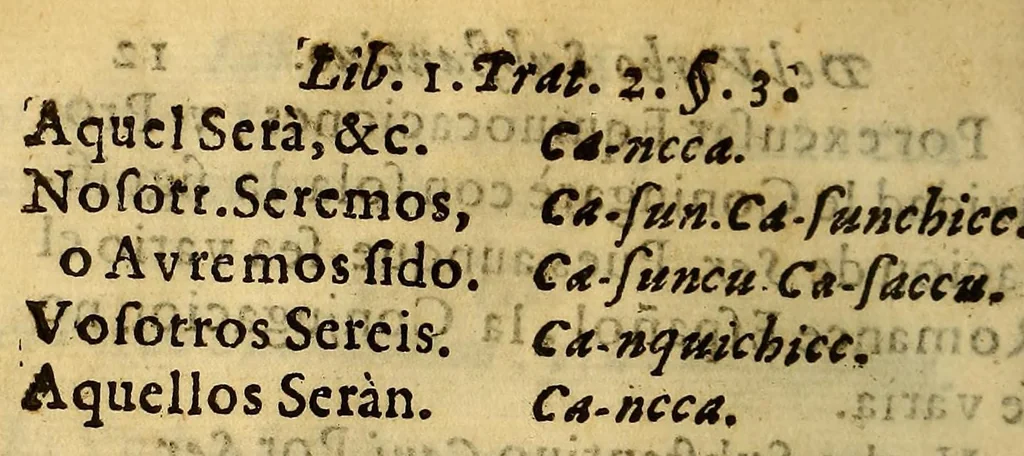An illustration from Arte de la lengua general de los indios del Peru. Por Ivan Roxo Mexia y Ocon, natural de la ciudad del Cuzco, cura rector de la iglesia parroquial del Señor Sebastian desta ciudad de los Reyes, catedratico de dicha lengua en su Real Vniversidad, examinador general en ella por Su Magestad, 1648, leaf 64