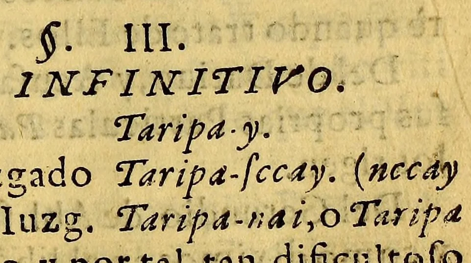 An illustration from Arte de la lengua general de los indios del Peru. Por Ivan Roxo Mexia y Ocon, natural de la ciudad del Cuzco, cura rector de la iglesia parroquial del Señor Sebastian desta ciudad de los Reyes, catedratico de dicha lengua en su Real Vniversidad, examinador general en ella por Su Magestad, 1648, leaf 83