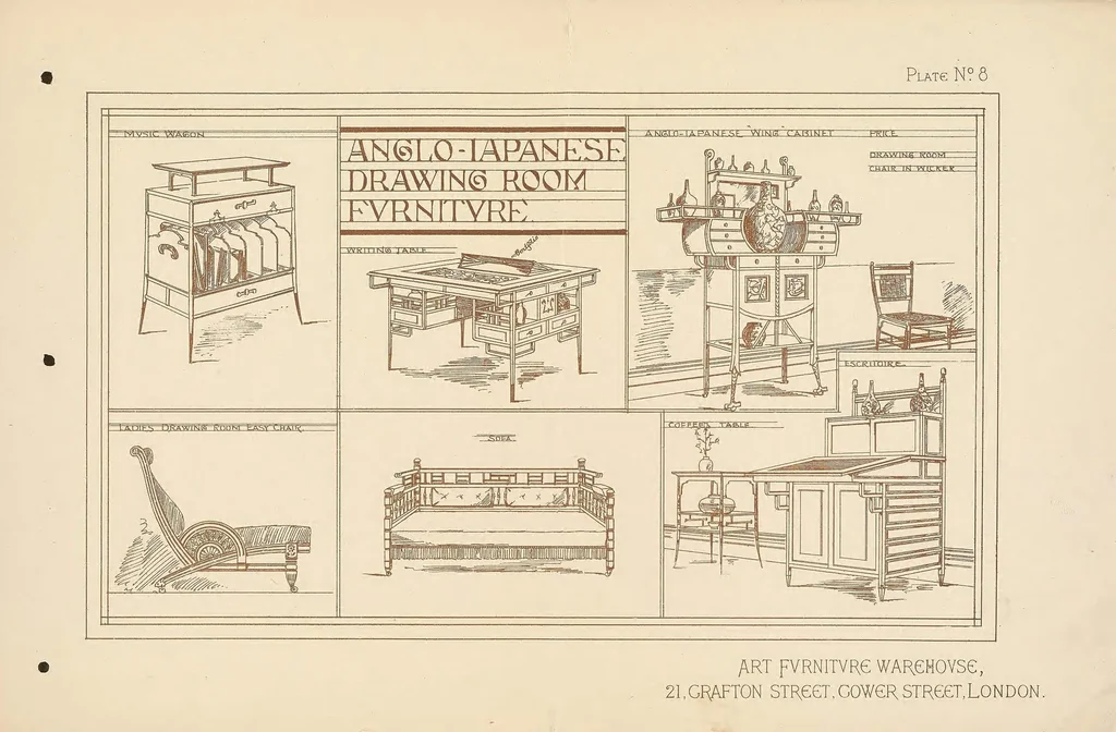 An illustration from Art furniture from designs by E.W. Godwin and others : with hints and suggestions on domestic furniture and decoration, 1877, leaf 23