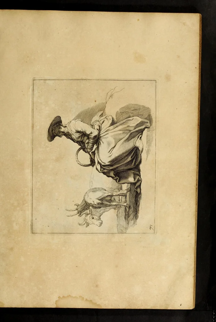 An illustration from Artis Apelleae : liber hic, studiosa juventus, aptata ingenio fert rudimenta tuo : hos duce carpe viam, membratim tota figura discitur, his gradibus scandere ad alta dabit, 1650, leaf 155