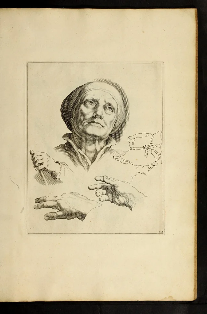 An illustration from Artis Apelleae : liber hic, studiosa juventus, aptata ingenio fert rudimenta tuo : hos duce carpe viam, membratim tota figura discitur, his gradibus scandere ad alta dabit, 1650, leaf 279