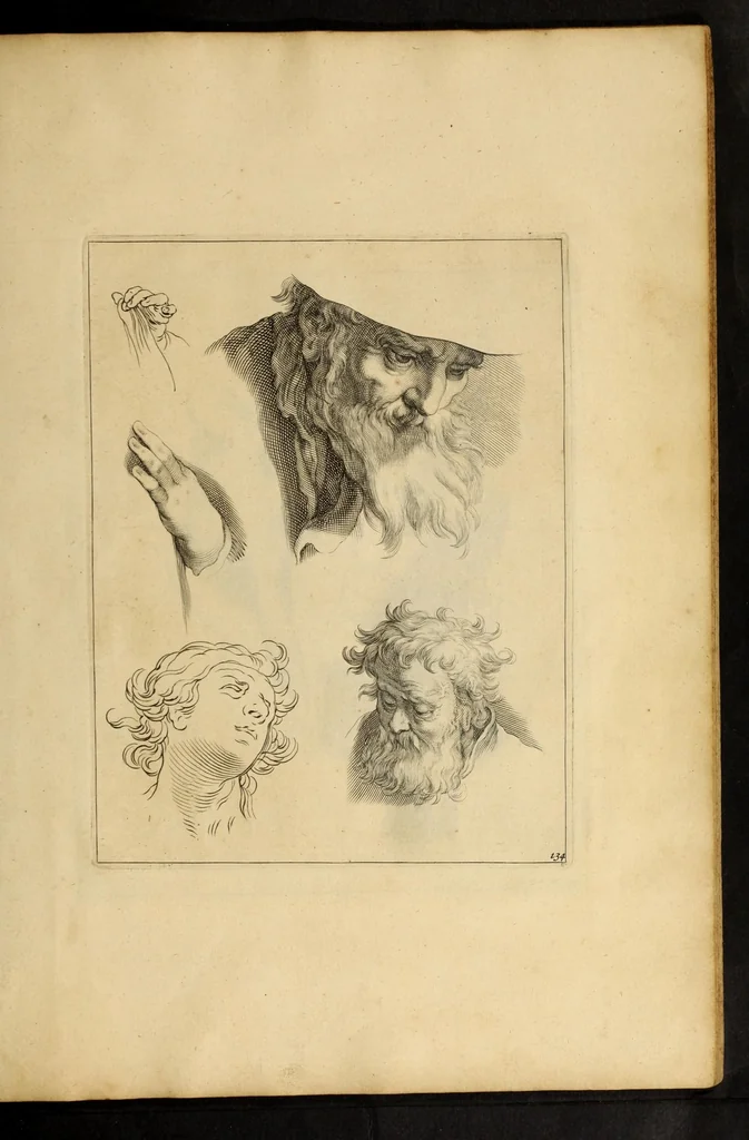 An illustration from Artis Apelleae : liber hic, studiosa juventus, aptata ingenio fert rudimenta tuo : hos duce carpe viam, membratim tota figura discitur, his gradibus scandere ad alta dabit, 1650, leaf 281