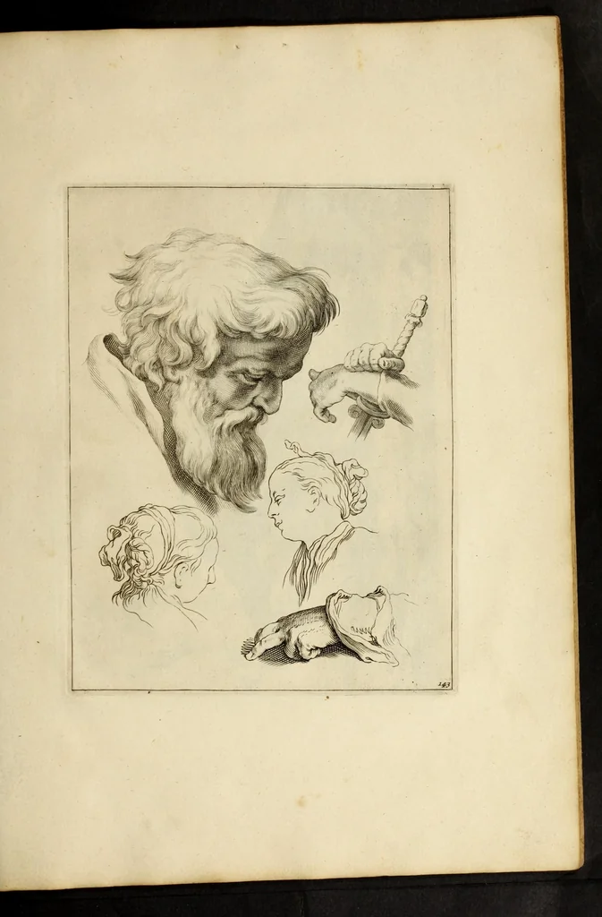 An illustration from Artis Apelleae : liber hic, studiosa juventus, aptata ingenio fert rudimenta tuo : hos duce carpe viam, membratim tota figura discitur, his gradibus scandere ad alta dabit, 1650, leaf 299