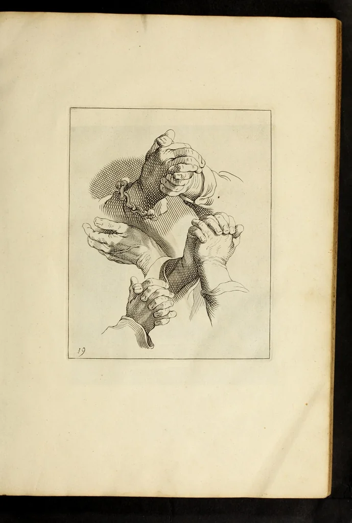 An illustration from Artis Apelleae : liber hic, studiosa juventus, aptata ingenio fert rudimenta tuo : hos duce carpe viam, membratim tota figura discitur, his gradibus scandere ad alta dabit, 1650, leaf 51