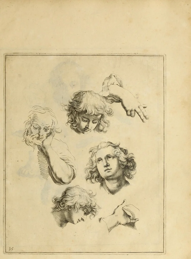 An illustration from Artis Apelleae : liber hic, studiosa juventus, aptata ingenio fert rudimenta tuo : hos duce carpe viam, membratim tota figura discitur, his gradibus scandere ad alta dabit, 1650, leaf 83