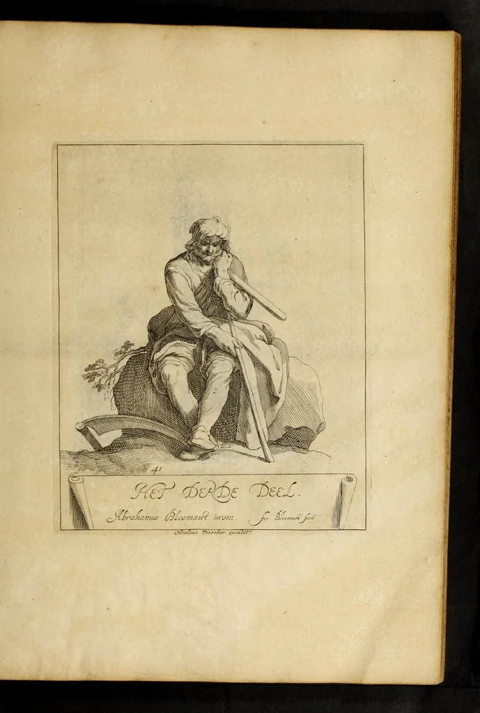 An illustration from Artis Apelleae : liber hic, studiosa juventus, aptata ingenio fert rudimenta tuo : hos duce carpe viam, membratim tota figura discitur, his gradibus scandere ad alta dabit, 1650, leaf 95