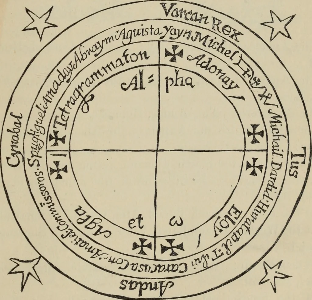An illustration from Art magic; or, Mudane, sub-mundane and super-mundane spiritism. A treatise ... descriptive of art magic, spiritism, the different orders of spirits in the universe known to be related to, or in communication with man; together with directions for invoking, controlling, and discharging spirits, and the uses and abuses, dangers and possibilities of magical art, 1876, leaf 384