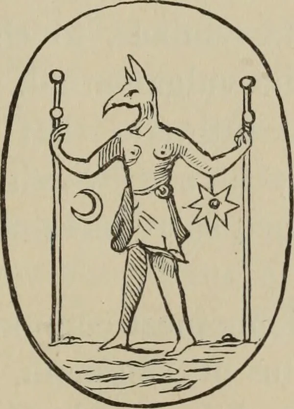An illustration from Art magic; or, Mudane, sub-mundane and super-mundane spiritism. A treatise ... descriptive of art magic, spiritism, the different orders of spirits in the universe known to be related to, or in communication with man; together with directions for invoking, controlling, and discharging spirits, and the uses and abuses, dangers and possibilities of magical art, 1876, leaf 74