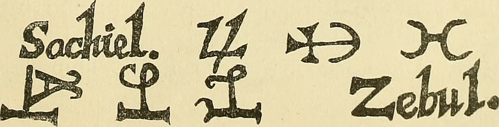 An illustration from Art magic; or, Mundane, sub-mundane and super-mundane spiritism. A treatise in three parts and twenty-three sections: descriptive of art magic, spiritism, the different orders of spirits in the universe known to be related to, or in communication with man; together with directions for invoking, controlling, and discharging spirits, and the uses and abuses, dangers and possibilities of magical art, 1876, leaf 390