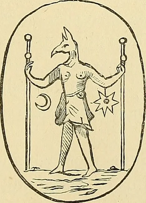 An illustration from Art magic; or, Mundane, sub-mundane and super-mundane spiritism. A treatise in three parts and twenty-three sections: descriptive of art magic, spiritism, the different orders of spirits in the universe known to be related to, or in communication with man; together with directions for invoking, controlling, and discharging spirits, and the uses and abuses, dangers and possibilities of magical art, 1876, leaf 74