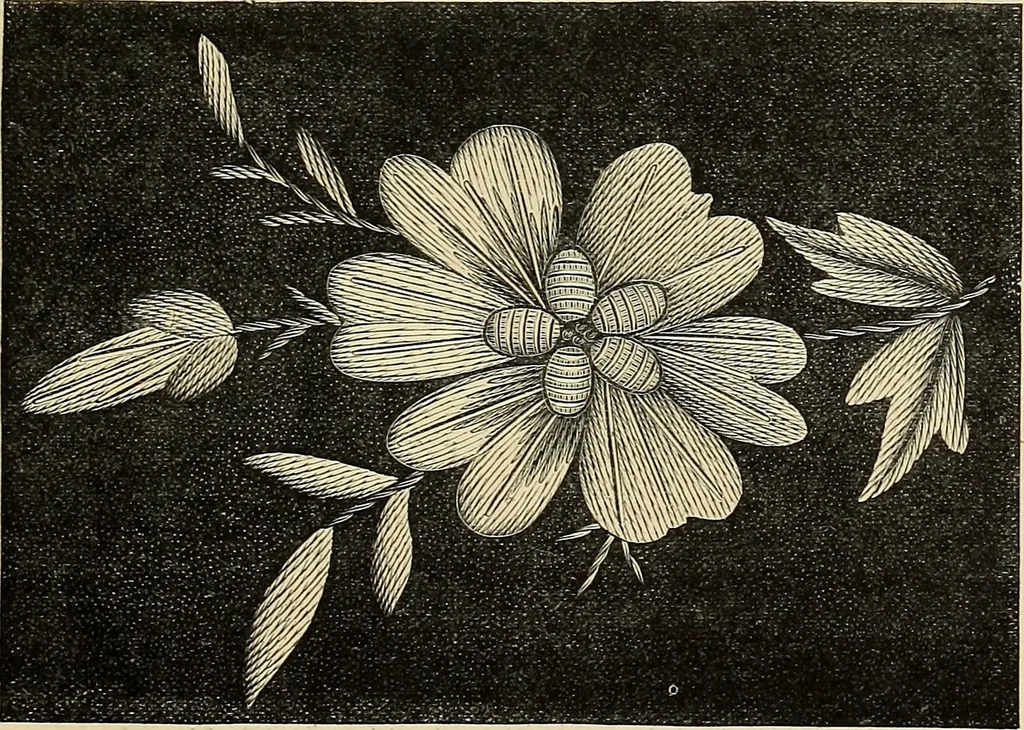 An illustration from Art needlework. A complete manual of embroidery in silks and crewels, with full instructions as to stitches, materials, and implements. Containing also a large number of original designs and a handsome coloured design for crewel work, 1882, leaf 100