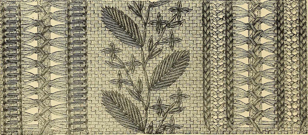 An illustration from Art needlework. A complete manual of embroidery in silks and crewels, with full instructions as to stitches, materials, and implements. Containing also a large number of original designs and a handsome coloured design for crewel work, 1882, leaf 103