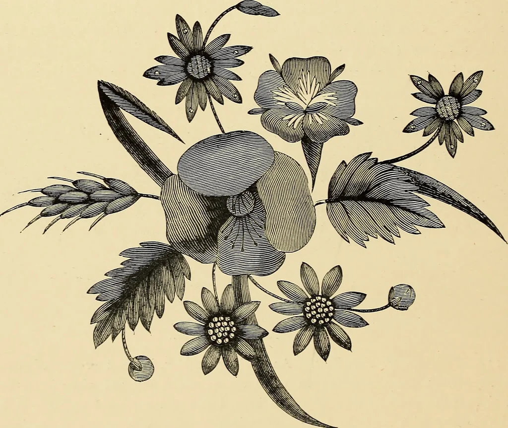 An illustration from Art needlework. A complete manual of embroidery in silks and crewels, with full instructions as to stitches, materials, and implements. Containing also a large number of original designs and a handsome coloured design for crewel work, 1882, leaf 105