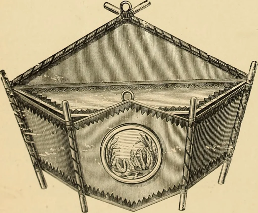 An illustration from Art needlework. A complete manual of embroidery in silks and crewels, with full instructions as to stitches, materials, and implements. Containing also a large number of original designs and a handsome coloured design for crewel work, 1882, leaf 19
