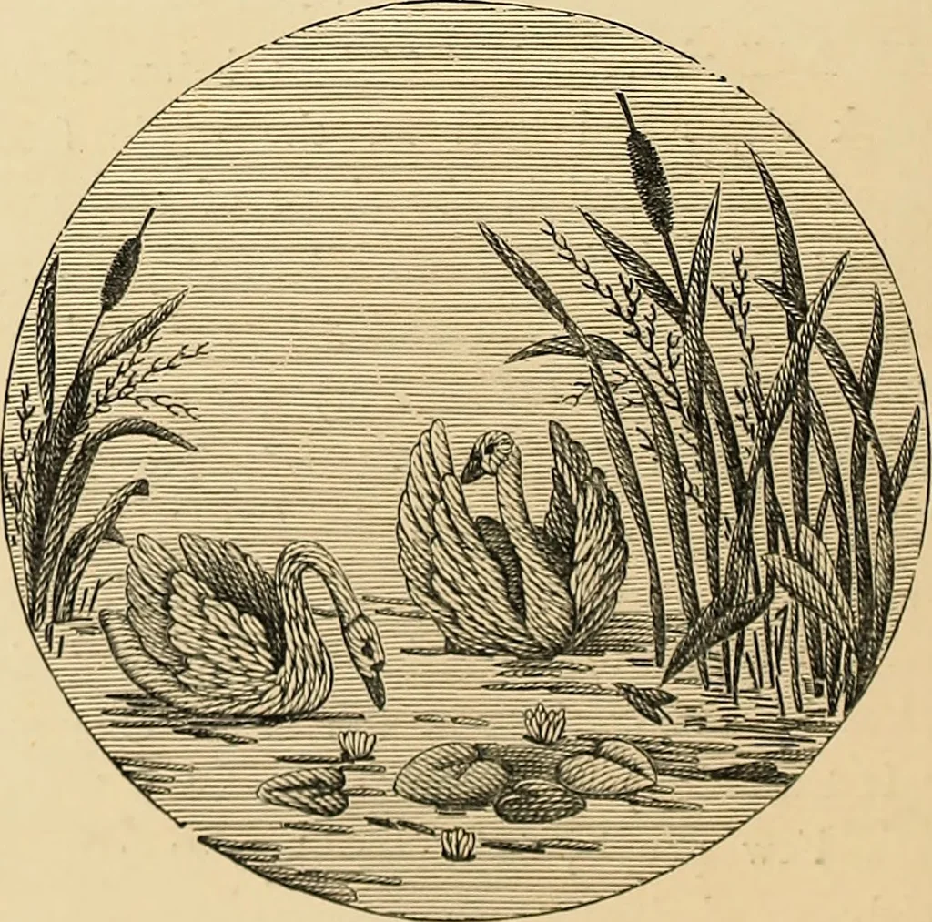 An illustration from Art needlework. A complete manual of embroidery in silks and crewels, with full instructions as to stitches, materials, and implements. Containing also a large number of original designs and a handsome coloured design for crewel work, 1882, leaf 19