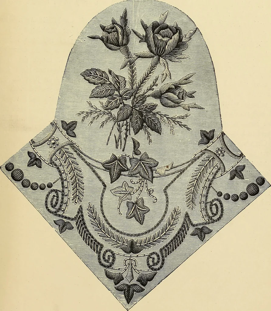 An illustration from Art needlework. A complete manual of embroidery in silks and crewels, with full instructions as to stitches, materials, and implements. Containing also a large number of original designs and a handsome coloured design for crewel work, 1882, leaf 22