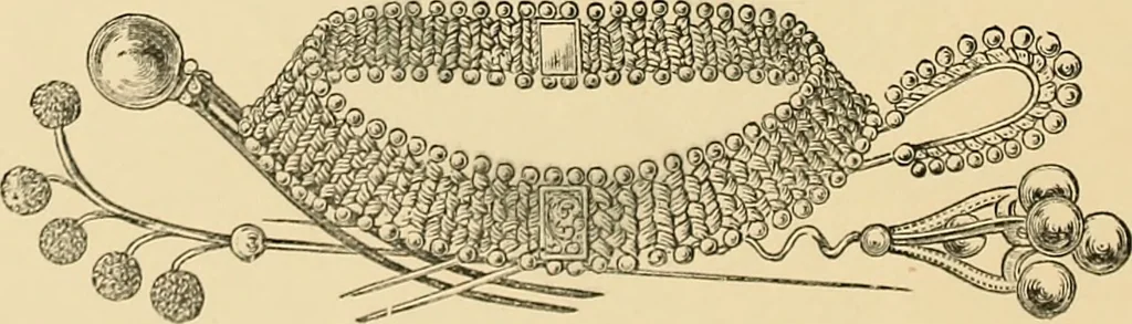 An illustration from Art needlework. A complete manual of embroidery in silks and crewels, with full instructions as to stitches, materials, and implements. Containing also a large number of original designs and a handsome coloured design for crewel work, 1882, leaf 23