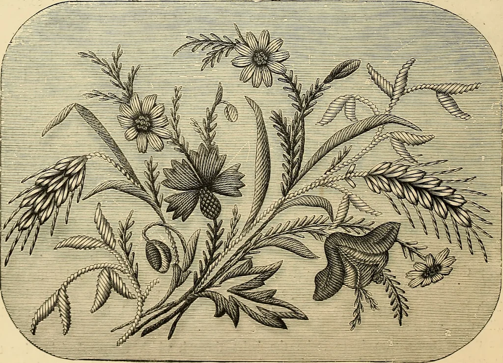 An illustration from Art needlework. A complete manual of embroidery in silks and crewels, with full instructions as to stitches, materials, and implements. Containing also a large number of original designs and a handsome coloured design for crewel work, 1882, leaf 29