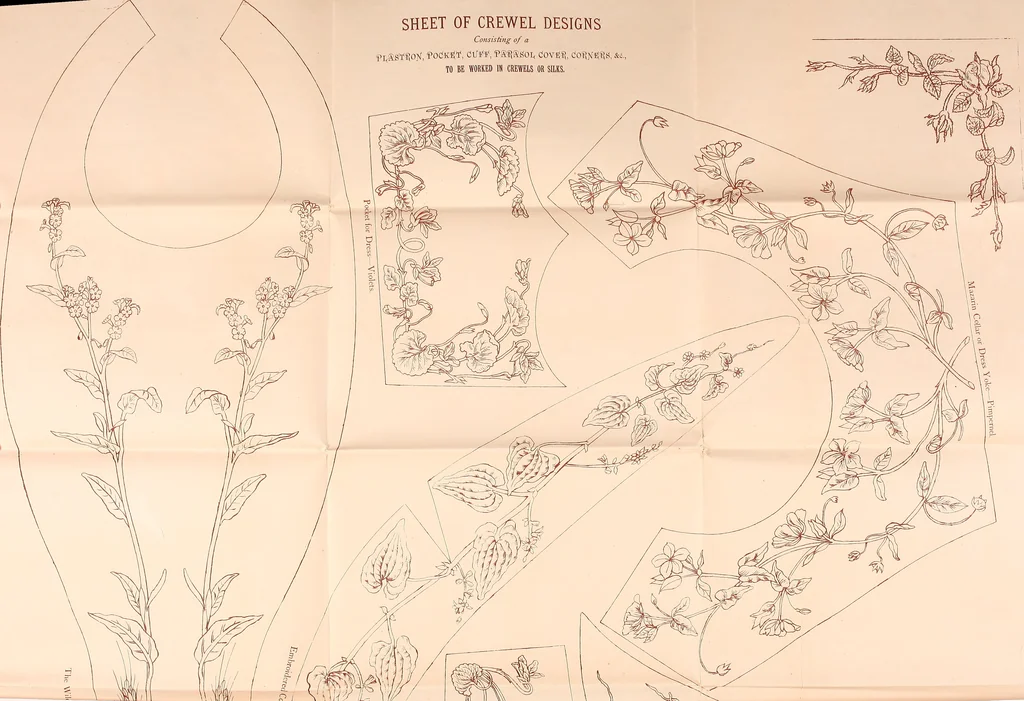 An illustration from Art needlework. A complete manual of embroidery in silks and crewels, with full instructions as to stitches, materials, and implements. Containing also a large number of original designs and a handsome coloured design for crewel work, 1882, leaf 3