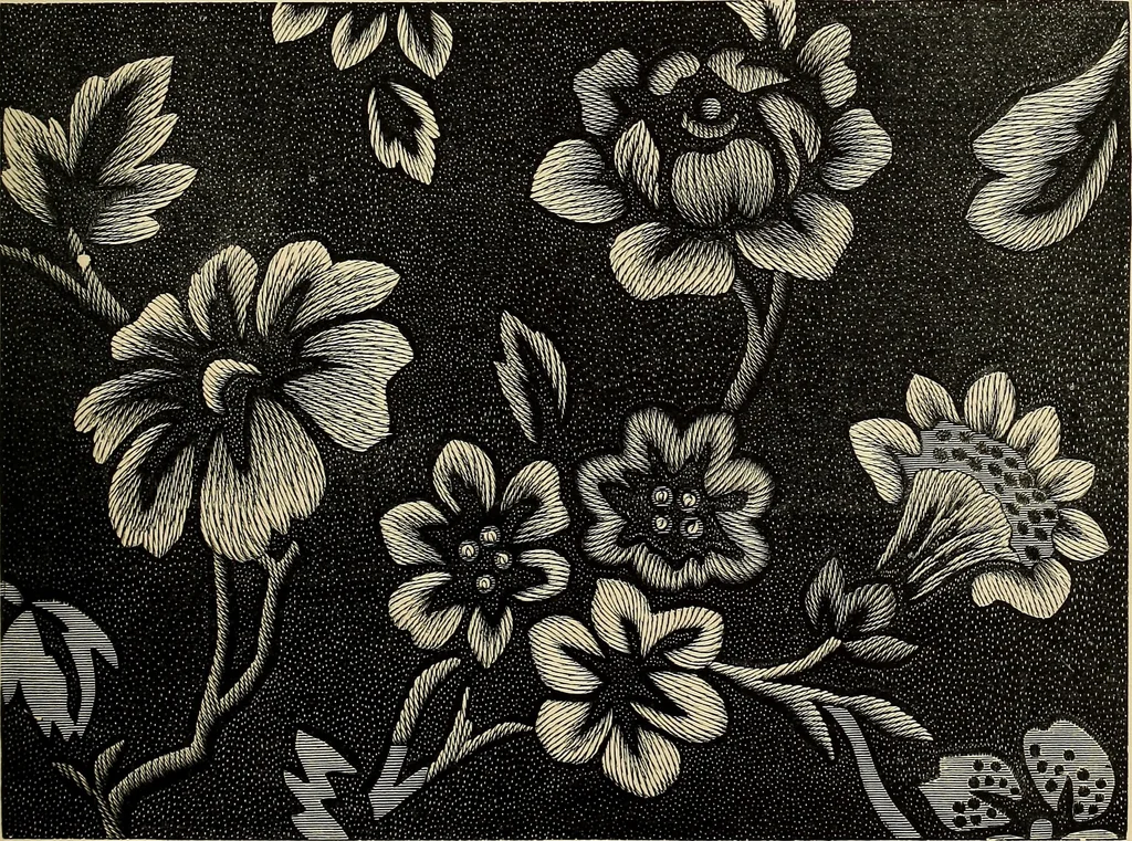 An illustration from Art needlework. A complete manual of embroidery in silks and crewels, with full instructions as to stitches, materials, and implements. Containing also a large number of original designs and a handsome coloured design for crewel work, 1882, leaf 30