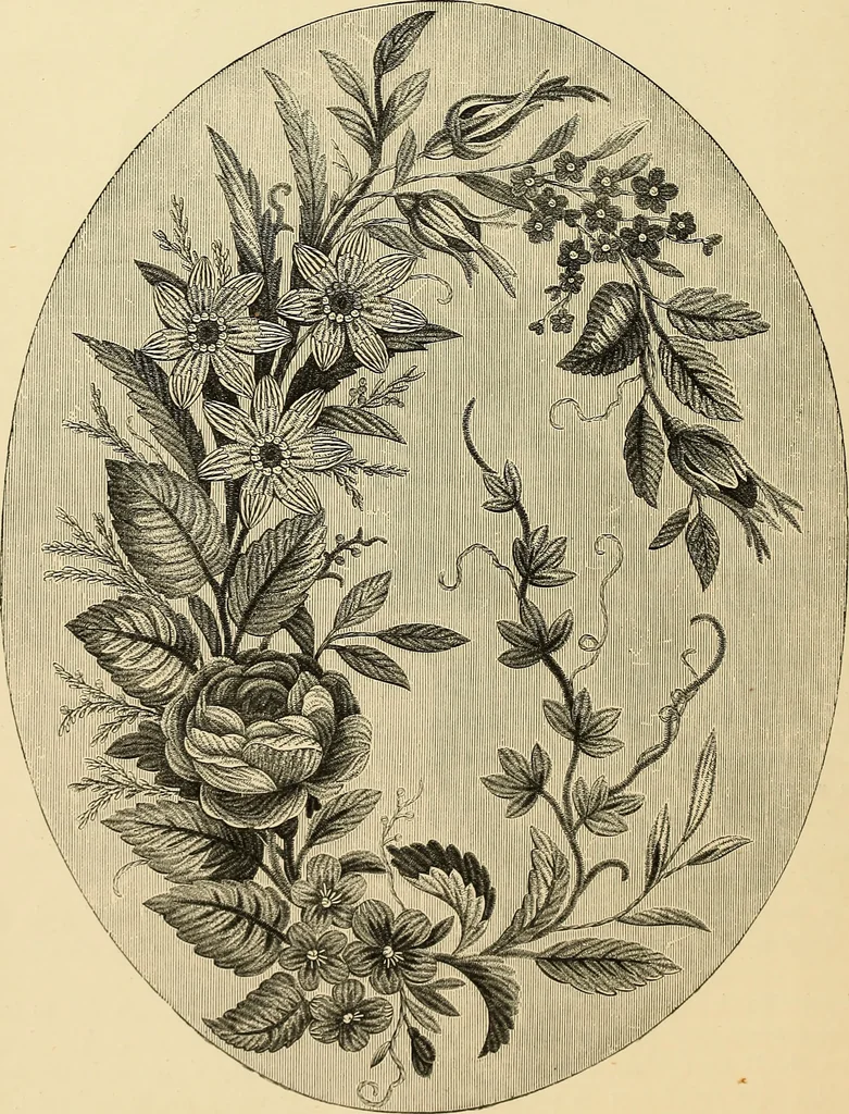 An illustration from Art needlework. A complete manual of embroidery in silks and crewels, with full instructions as to stitches, materials, and implements. Containing also a large number of original designs and a handsome coloured design for crewel work, 1882, leaf 37