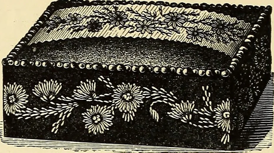 An illustration from Art needlework. A complete manual of embroidery in silks and crewels, with full instructions as to stitches, materials, and implements. Containing also a large number of original designs and a handsome coloured design for crewel work, 1882, leaf 39