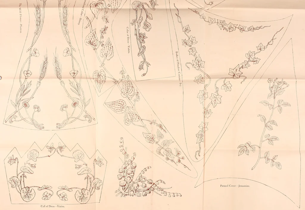 An illustration from Art needlework. A complete manual of embroidery in silks and crewels, with full instructions as to stitches, materials, and implements. Containing also a large number of original designs and a handsome coloured design for crewel work, 1882, leaf 4