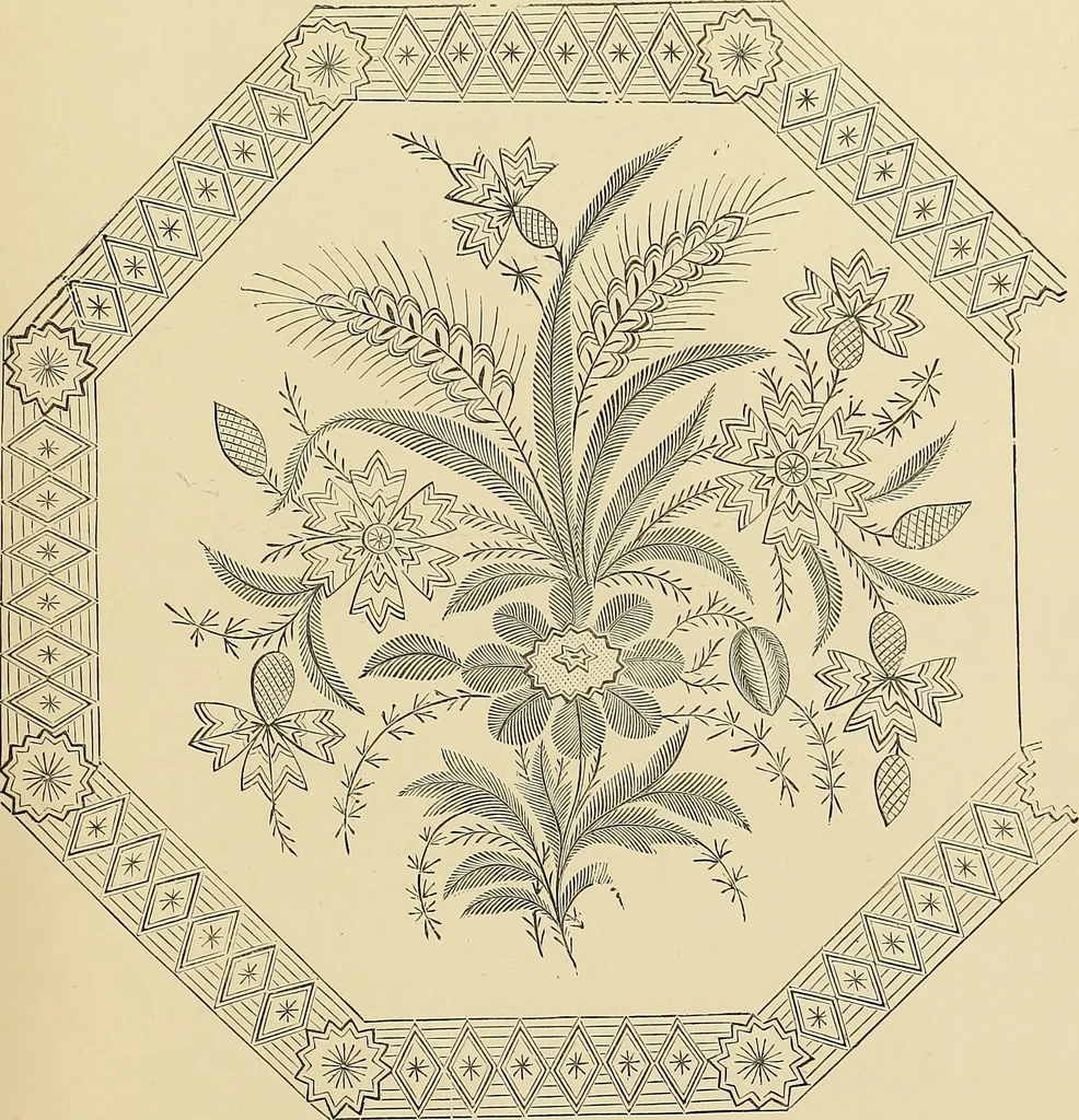 An illustration from Art needlework. A complete manual of embroidery in silks and crewels, with full instructions as to stitches, materials, and implements. Containing also a large number of original designs and a handsome coloured design for crewel work, 1882, leaf 44
