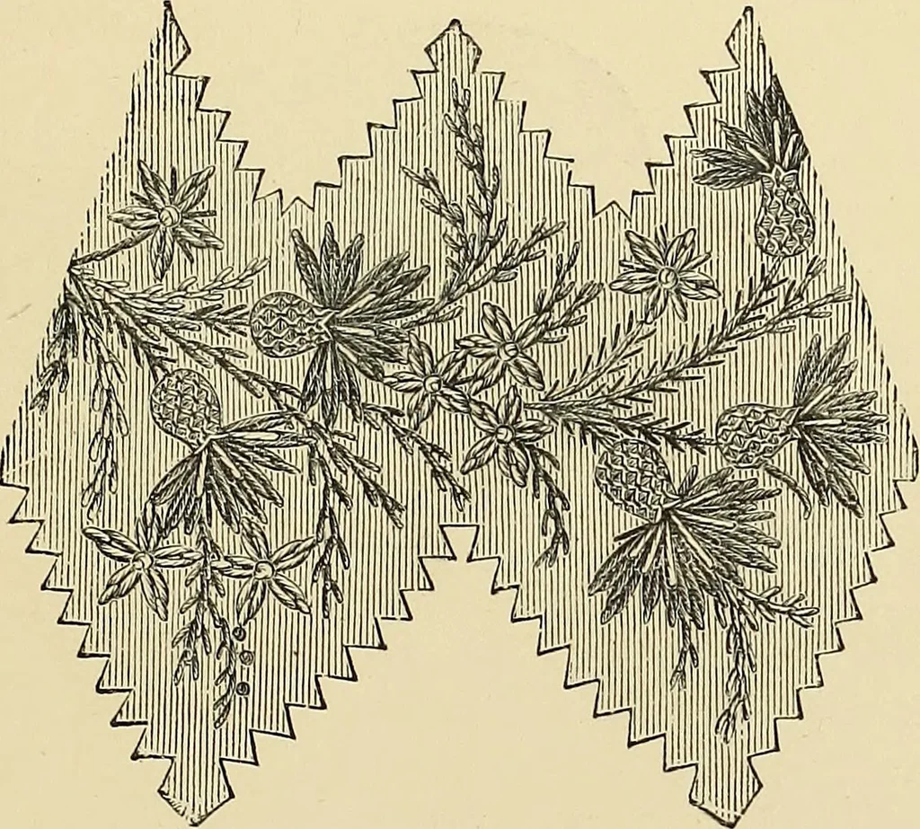 An illustration from Art needlework. A complete manual of embroidery in silks and crewels, with full instructions as to stitches, materials, and implements. Containing also a large number of original designs and a handsome coloured design for crewel work, 1882, leaf 46