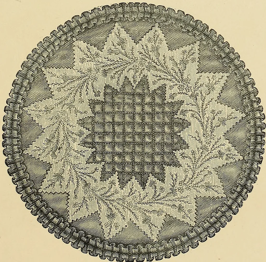 An illustration from Art needlework. A complete manual of embroidery in silks and crewels, with full instructions as to stitches, materials, and implements. Containing also a large number of original designs and a handsome coloured design for crewel work, 1882, leaf 46