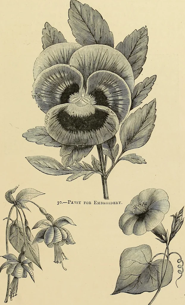 An illustration from Art needlework. A complete manual of embroidery in silks and crewels, with full instructions as to stitches, materials, and implements. Containing also a large number of original designs and a handsome coloured design for crewel work, 1882, leaf 48