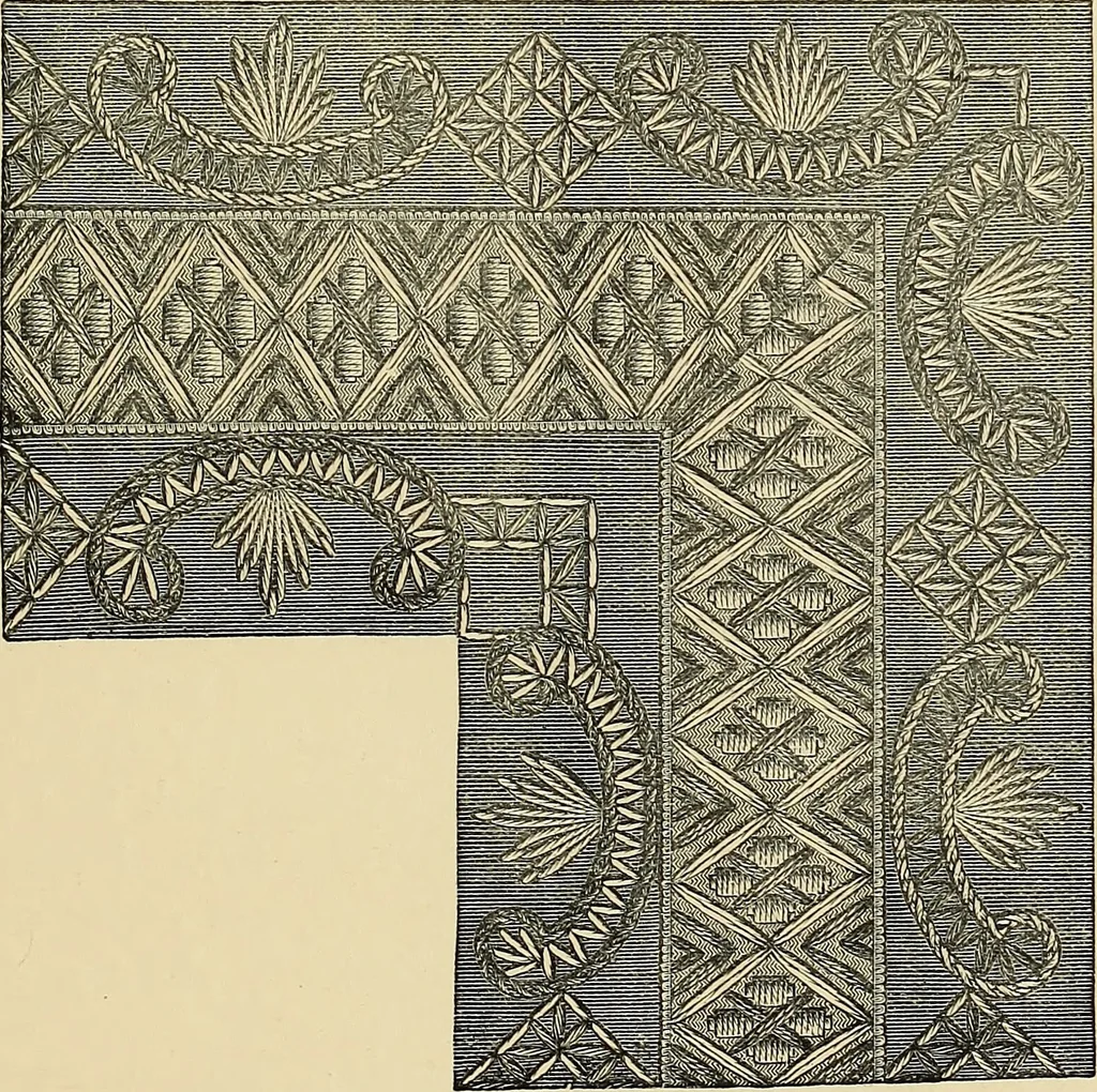 An illustration from Art needlework. A complete manual of embroidery in silks and crewels, with full instructions as to stitches, materials, and implements. Containing also a large number of original designs and a handsome coloured design for crewel work, 1882, leaf 50