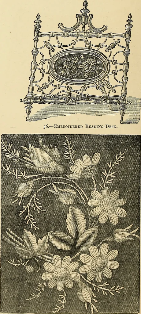 An illustration from Art needlework. A complete manual of embroidery in silks and crewels, with full instructions as to stitches, materials, and implements. Containing also a large number of original designs and a handsome coloured design for crewel work, 1882, leaf 53