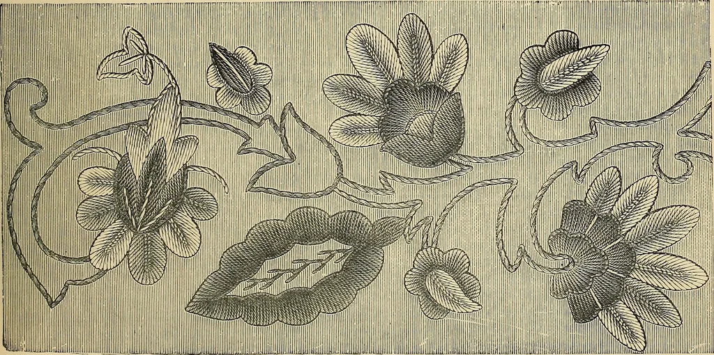 An illustration from Art needlework. A complete manual of embroidery in silks and crewels, with full instructions as to stitches, materials, and implements. Containing also a large number of original designs and a handsome coloured design for crewel work, 1882, leaf 54