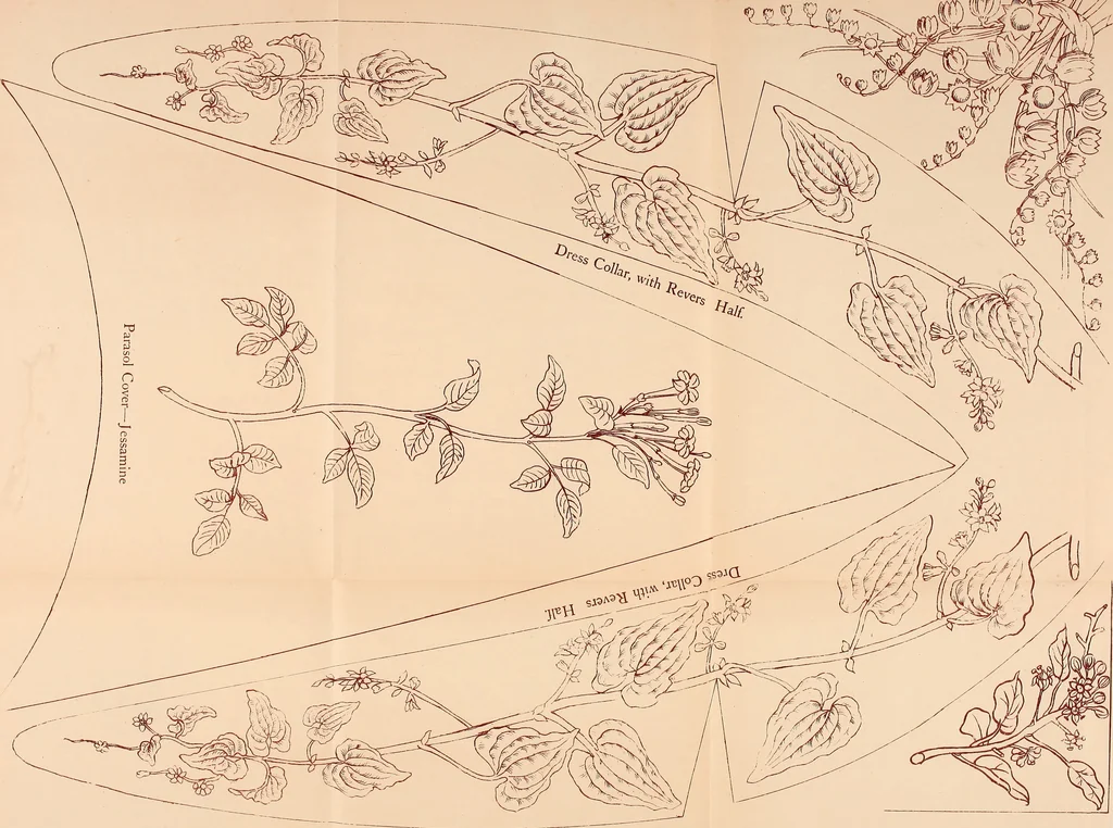 An illustration from Art needlework. A complete manual of embroidery in silks and crewels, with full instructions as to stitches, materials, and implements. Containing also a large number of original designs and a handsome coloured design for crewel work, 1882, leaf 57