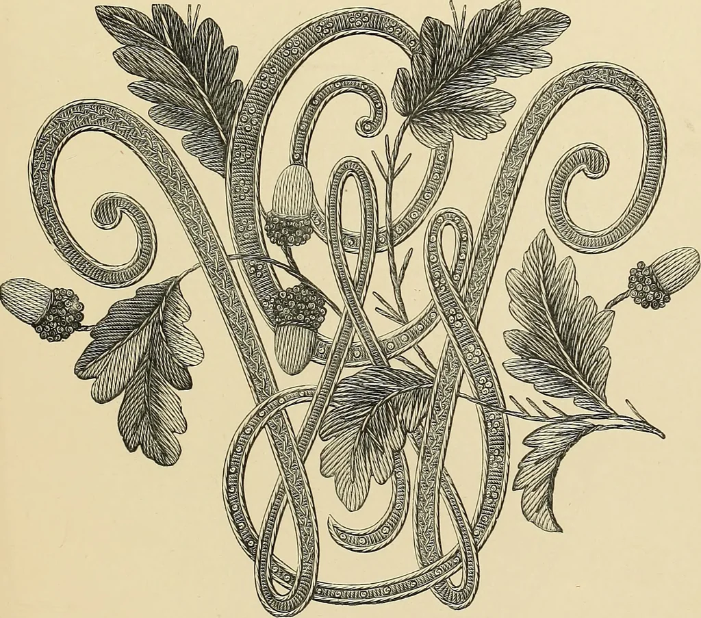 An illustration from Art needlework. A complete manual of embroidery in silks and crewels, with full instructions as to stitches, materials, and implements. Containing also a large number of original designs and a handsome coloured design for crewel work, 1882, leaf 58