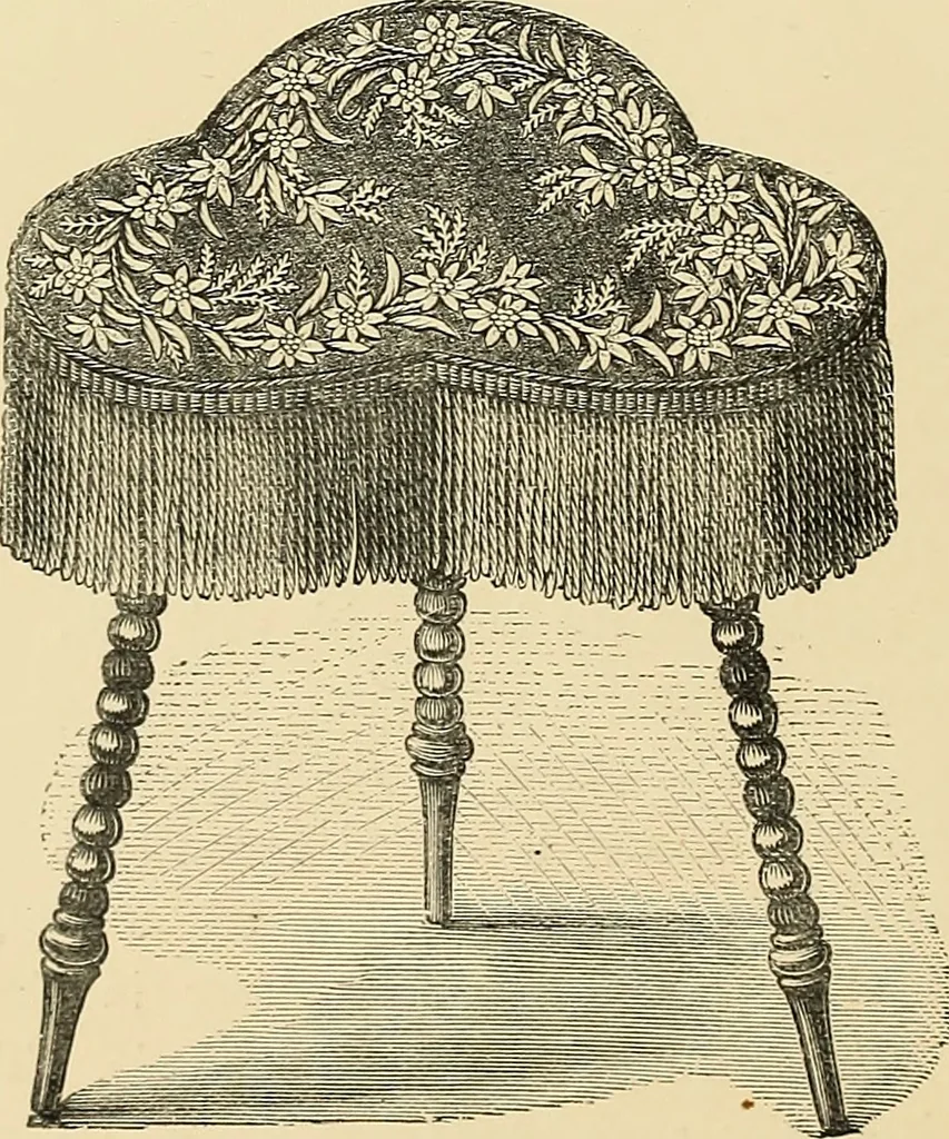 An illustration from Art needlework. A complete manual of embroidery in silks and crewels, with full instructions as to stitches, materials, and implements. Containing also a large number of original designs and a handsome coloured design for crewel work, 1882, leaf 63